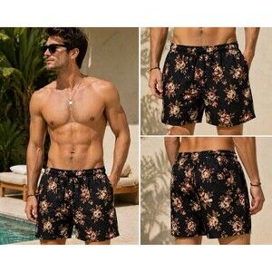 Forever 21 Men Floral Swim Trunks Black Rose Print Board Shorts XL